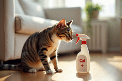 Chat tigré reniflant un spray repelent pour chats