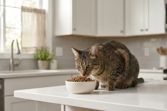 Chat adulte tabby reniflant une gamelle de croquettes sur un comptoir de cuisine moderne, illustrant l'alimentation pour chats sensibles