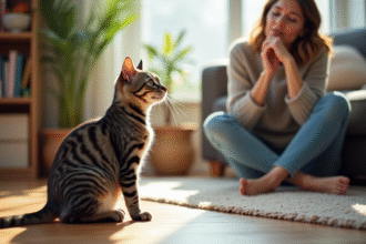 Jeune chat tigré assis attentivement sur le sol