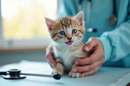 Chaton aux yeux bleus sur une table d'examen vétérinaire