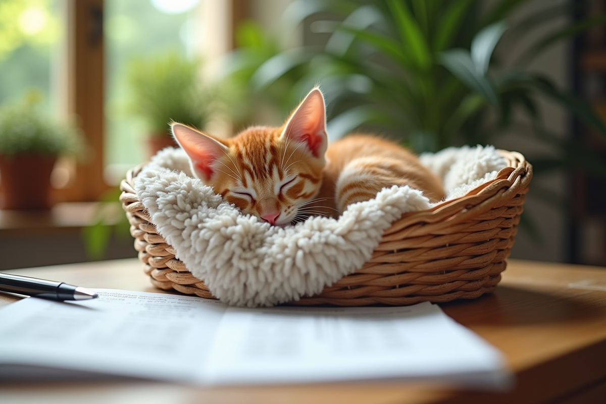 Chaton roux endormi dans un panier avec documents d