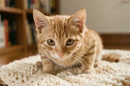 Chaton roux craintif blotti sur une couverture crème dans un salon cosy, les oreilles légèrement rabattues