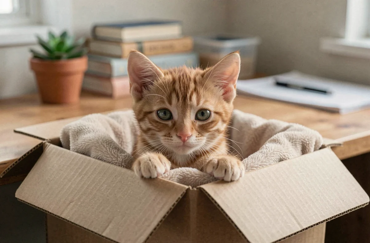 Chaton roux timide qui passe la tête hors d'une boîte en carton douillette dans un coin de bureau à domicile