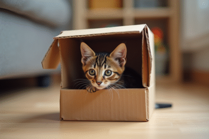 Chaton tabby curieux dans une boîte en carton
