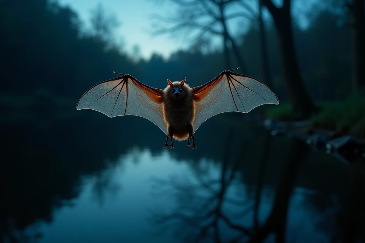 Chauve-souris en vol rasant au-dessus d'un étang en forêt au crépuscule, illustrant l'adaptation au vol par envol membraneux chez les mammifères