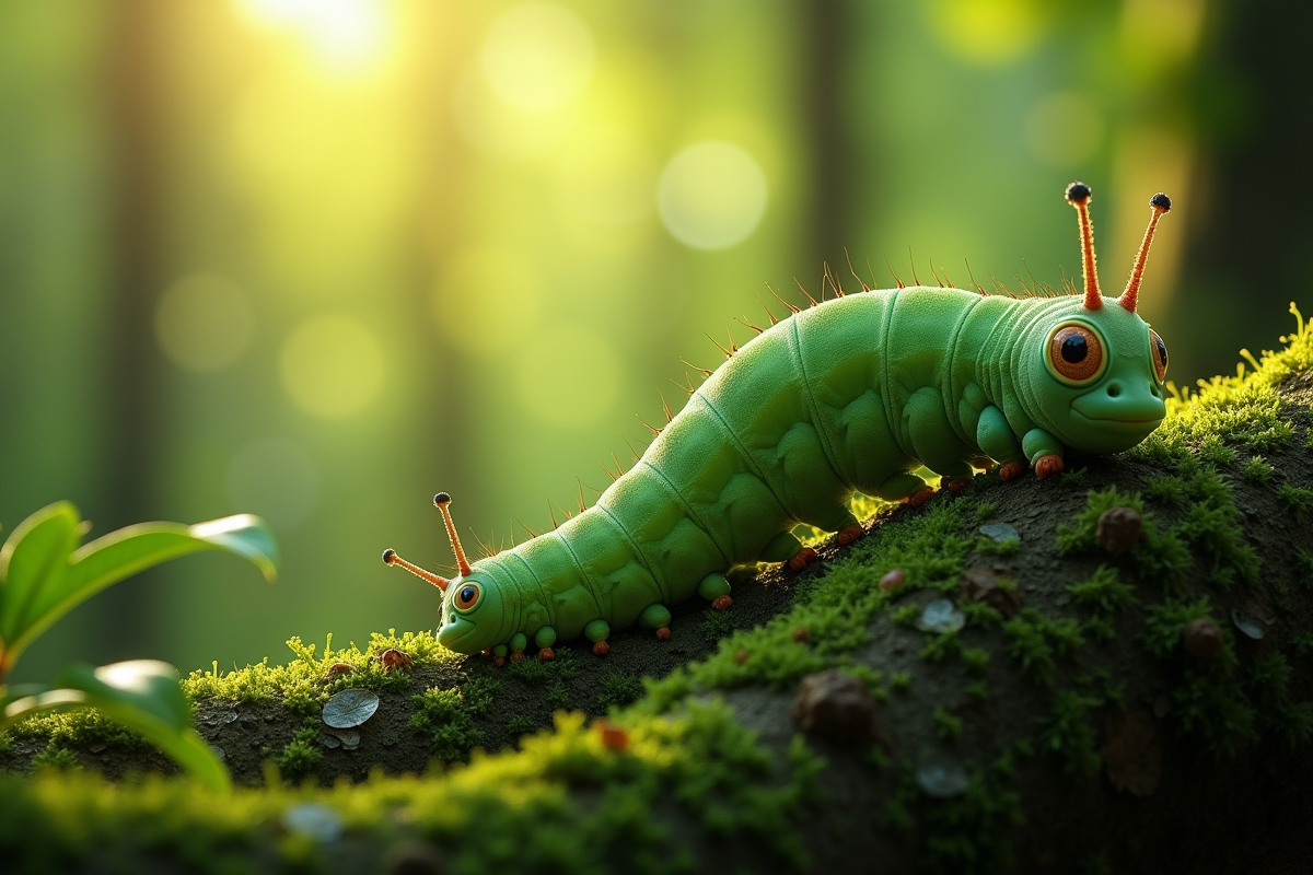 Chenille verte en arc sur branche mousseuse en forêt