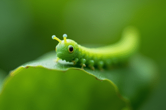 Chenille verte sur une feuille en macro nette