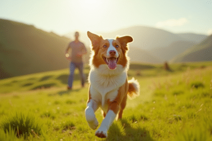 Chien Australian Shepherd courant dans un pré ensoleille