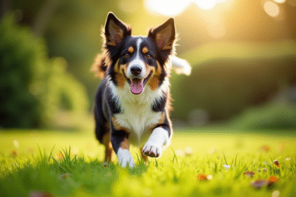 Chien croisé border collie et australian shepherd jouant dans le jardin