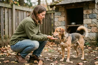 Éducatrice canine accroupie tendant la main à un chien craintif dans un enclos de réhabilitation en plein air