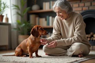 Chien miniature dachshund roux avec une femme âgée dans un salon chaleureux