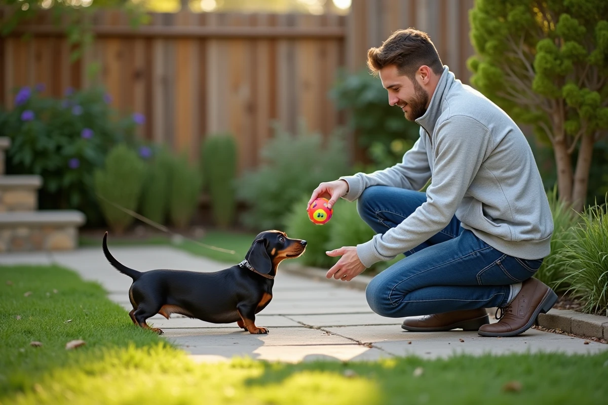 Chien miniature dachshund nerveux dans un jardin avec un jeune homme