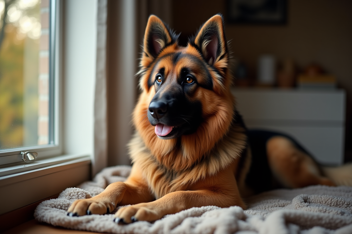 Chien croise berger allemand et Newfoundland dans un intérieur chaleureux