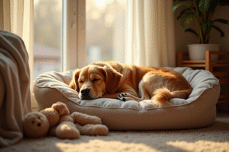 Golden retriever senior dort paisiblement dans un lit douillet