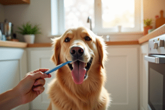 Chien golden retriever calme en train de se faire brosser les dents
