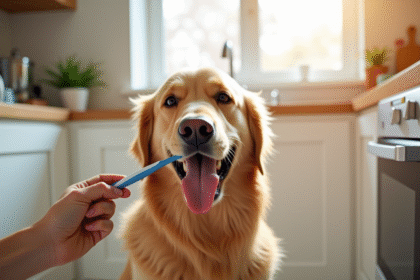 Chien golden retriever calme en train de se faire brosser les dents