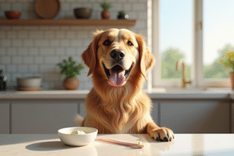 Chien golden retriever heureux dans une cuisine moderne