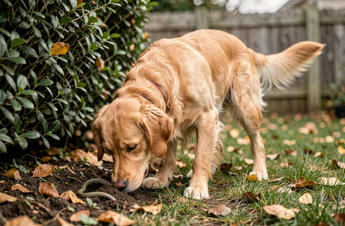 Chien golden retriever reniflant le sol dans un jardin, curieux face à la présence possible d'un orvet