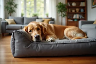 Grand chien golden retriever allongé sur un lit XXL robuste en tissu gris anthracite dans un salon chaleureux