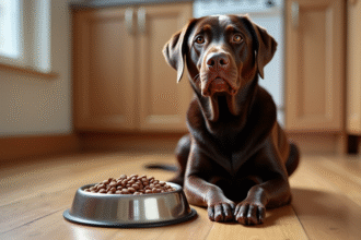 Labrador chocolat assis près d'une gamelle en acier inoxydable