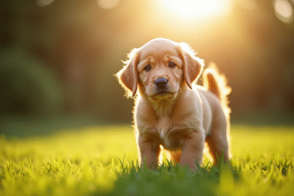 Golden retriever nain dans un jardin ensoleille