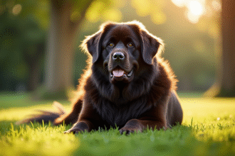 Chien Newfoundland adulte assis dans un parc ensoleille avec herbe verte