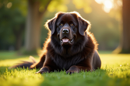 Chien Newfoundland adulte assis dans un parc ensoleille avec herbe verte