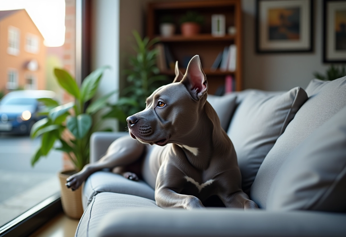 Chien Staffordshire Bull Terrier allongé sur un canapé regardant par la fenêtre