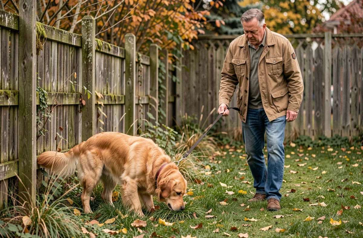 Chien reniflant des crottes de renard dans un jardin sous la surveillance inquiète de son propriétaire