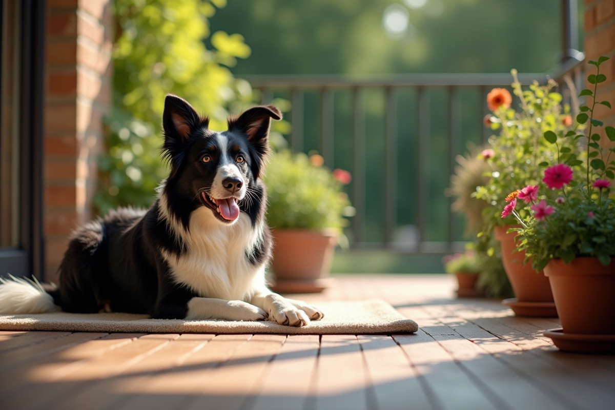 Border collie âgé repose dans un porche ombragé avec plantes