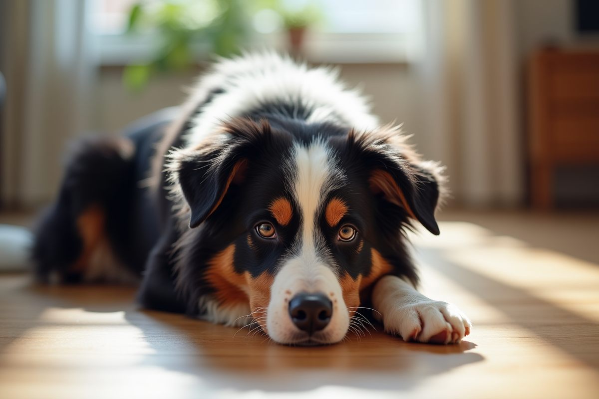 Chien croisé border collie et australian shepherd reposant à l’intérieur