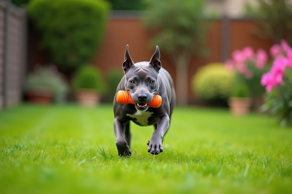 Chien Staffordshire Bull Terrier courant dans le jardin avec jouet
