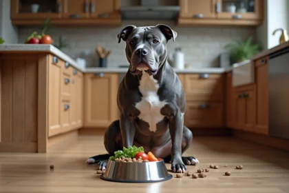 Chien Staffordshire Bull Terrier assis dans la cuisine avec bol de croquettes