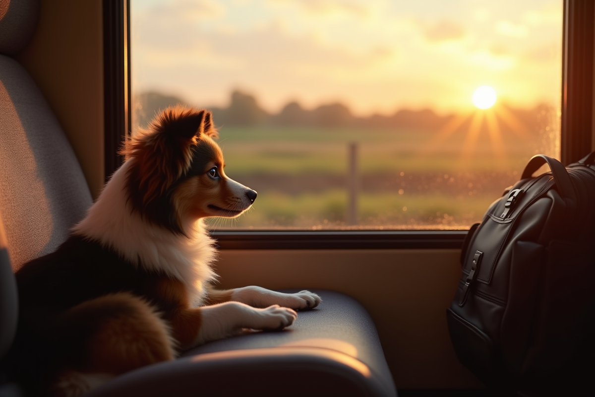 Mini Australian Shepherd regardant par la fenêtre du train au coucher du soleil