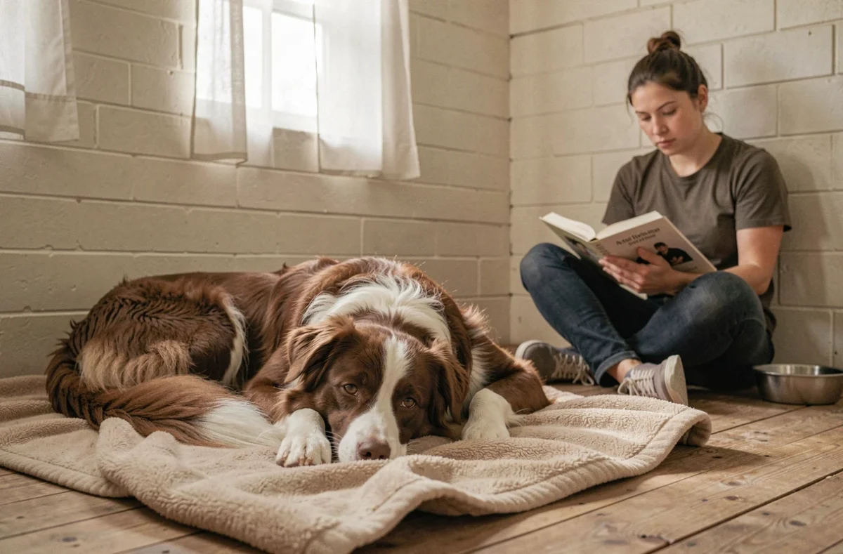 Chien traumatisé allongé sur une couverture dans un refuge, accompagné d'un bénévole calme et bienveillant