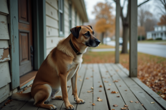 Chien vieux assis seul sur un porche en automne