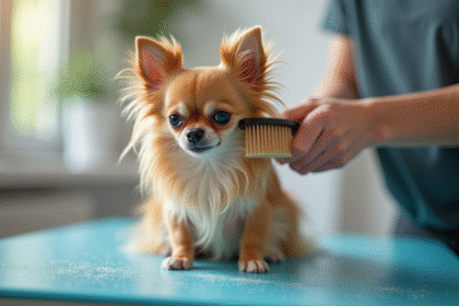 Chihuahua à poil long brossé sur table de toilettage