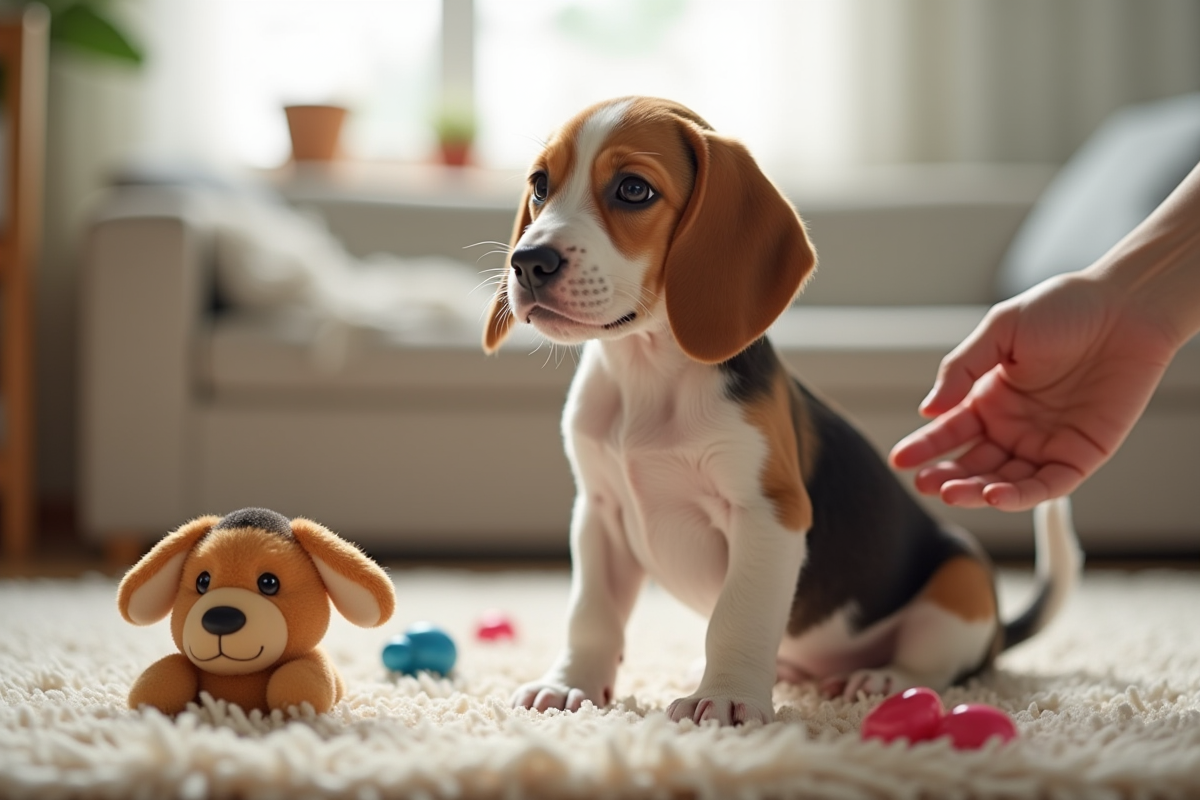 Chiot beagle à la maison en apprentissage de rester assis