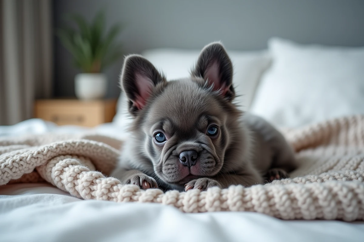 Chiot bouledogue français à poils longs bleu-gris allongé sur une couverture tricotée dans une chambre minimaliste
