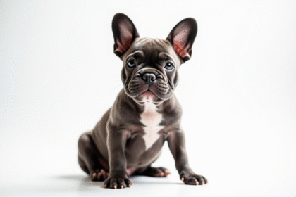 Jeune chiot bulldog francais sur fond blanc lumineux