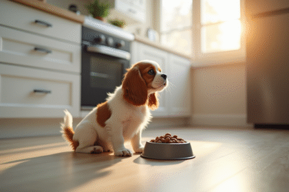 Chiot cavalier king charles dans la cuisine lumineuse