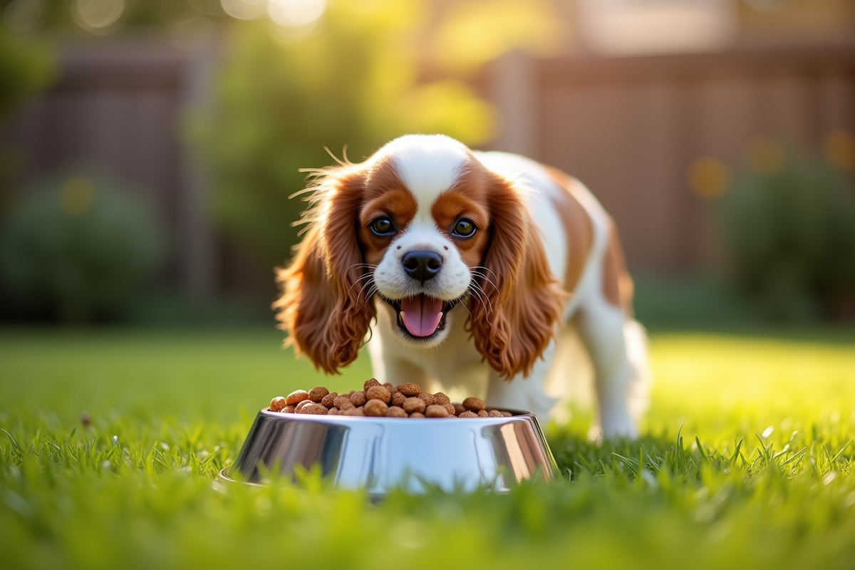 Chiot cavalier mangeant dans le jardin en plein air