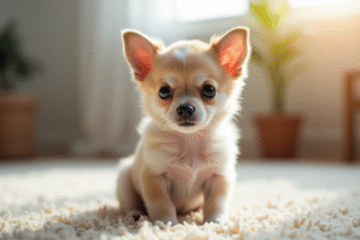 Jeune chiot chihuahua assis sur un tapis lumineux