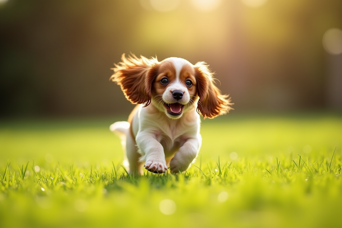 Chiot cocker spaniel courant dans un jardin ensoleille