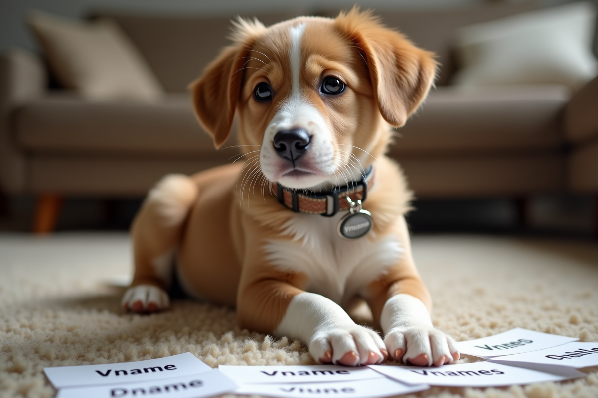 Chiot portant un collier avec une Vname sur un tapis dans le salon