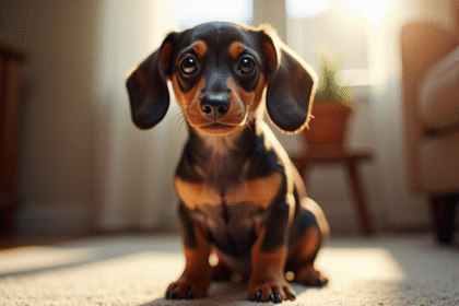 Chiot dachshund assis dans un salon ensoleille