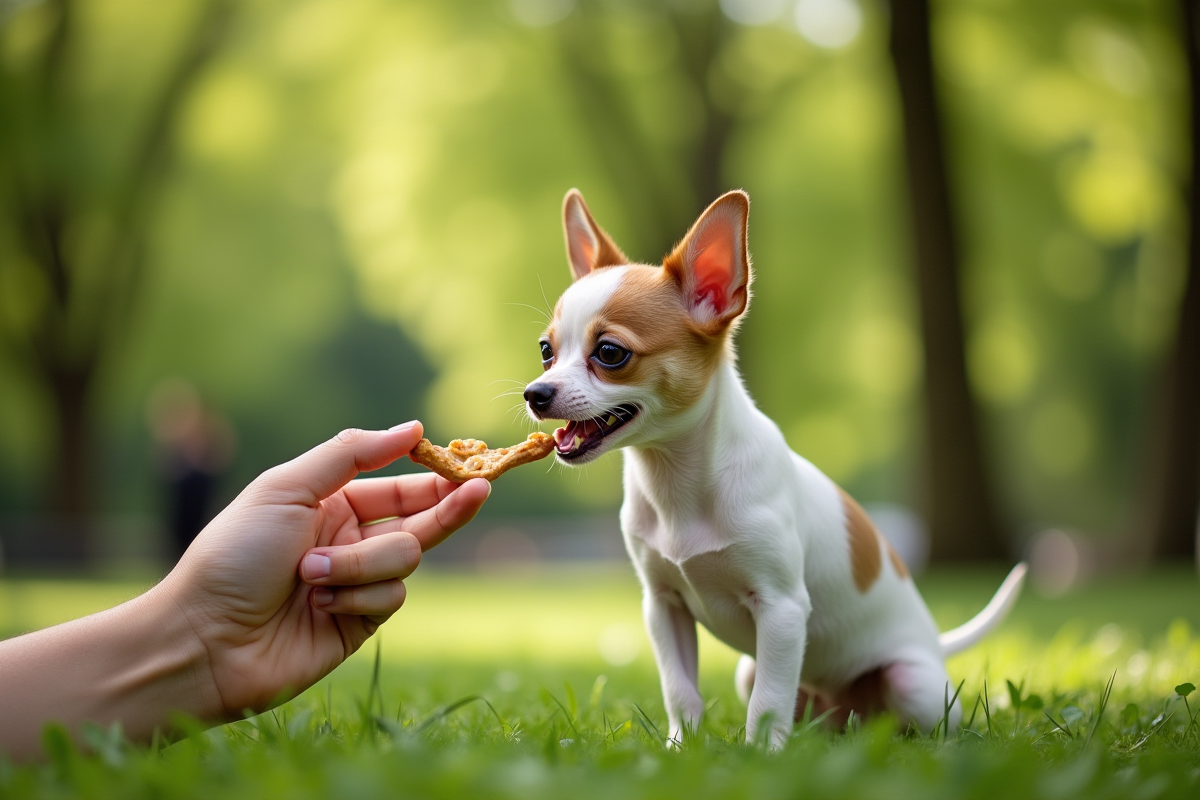 Main offrant une friandise à un chiot en plein air