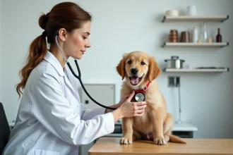 Chiot golden retriever examiné par une vétérinaire en cabinet, illustrant l'importance de l'assurance santé pour chien