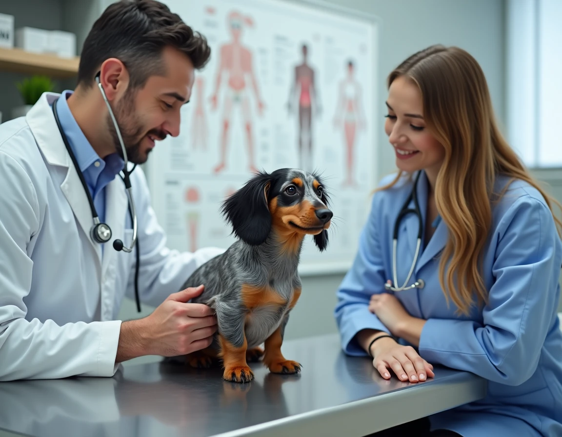 Chiot teckel arlequin poils longs lors d'un contrôle vétérinaire dans un élevage responsable