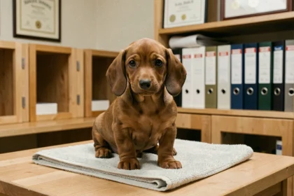 Chiot teckel nain à poil ras assis sur une table dans un élevage spécialisé avec documents de pedigree en arrière-plan